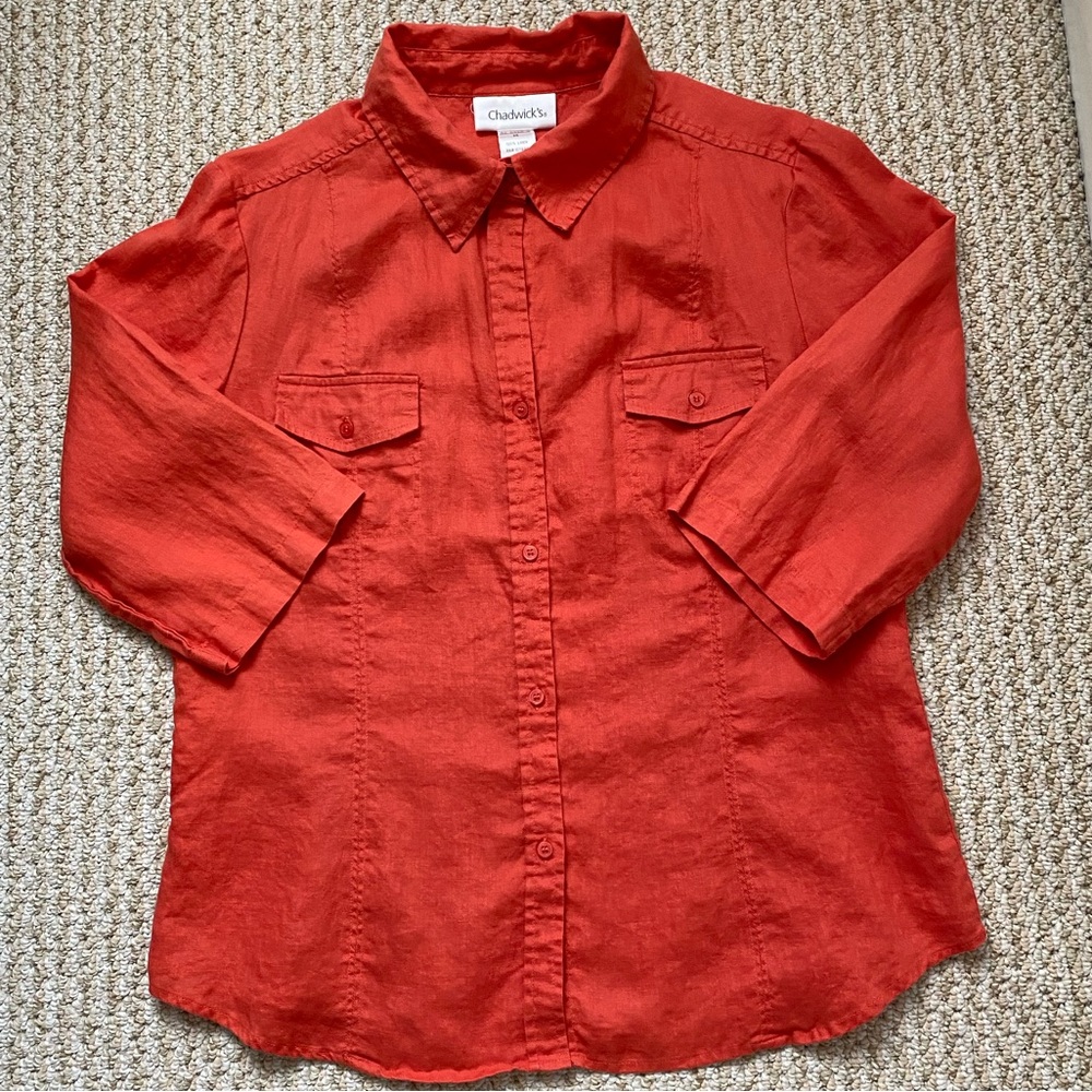 CHADWICK’S | 100% Linen Coral Button Down Shirt Size 14 - Picture 8 of 10